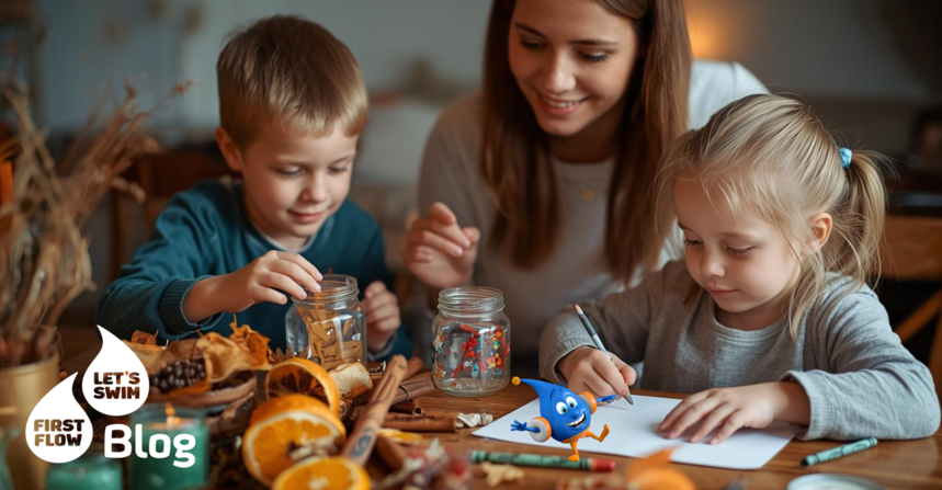 Mama bastelt mit zwei Kindern Weihnachtsgeschenke – Kinder gestalten mit Farben, Papier und Materialien ihre eigenen DIY-Geschenke.